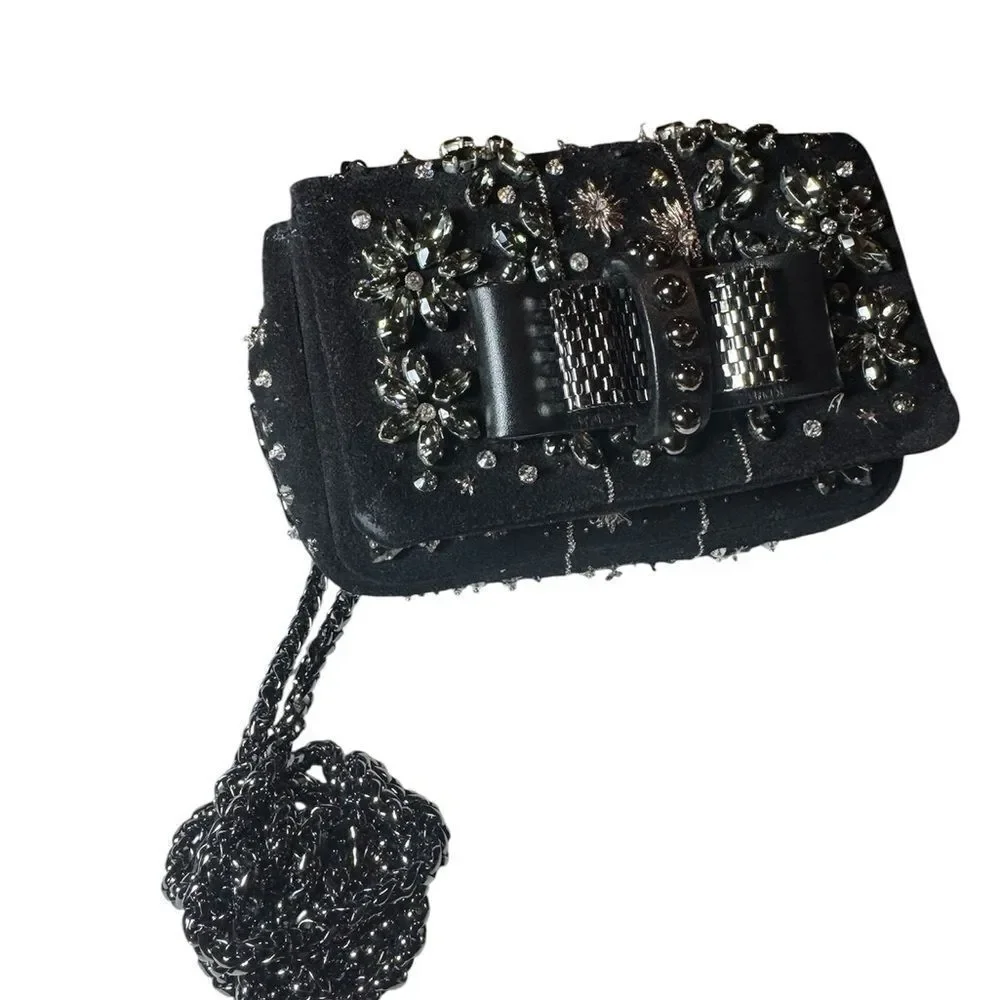CHRISTIAN LOUBOUTIN Black Suede Sweet Charity Embellished Crossbody Evening Bag